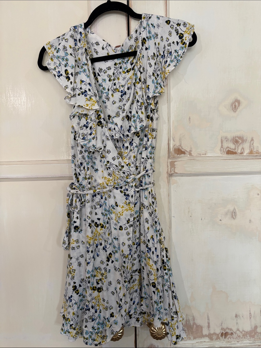Free People White Floral Ruffle Wrap Dress with Blue & Yellow Accents